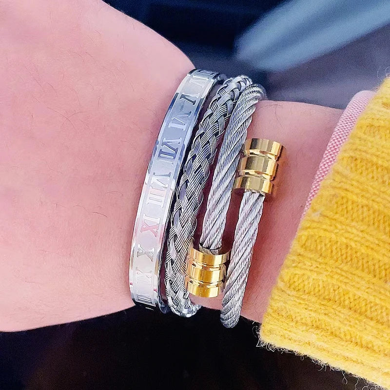 3pcs Luxury Stainless Steel Man Bracelet Set Roman Number Bangles Women Jewelry Couple Gift