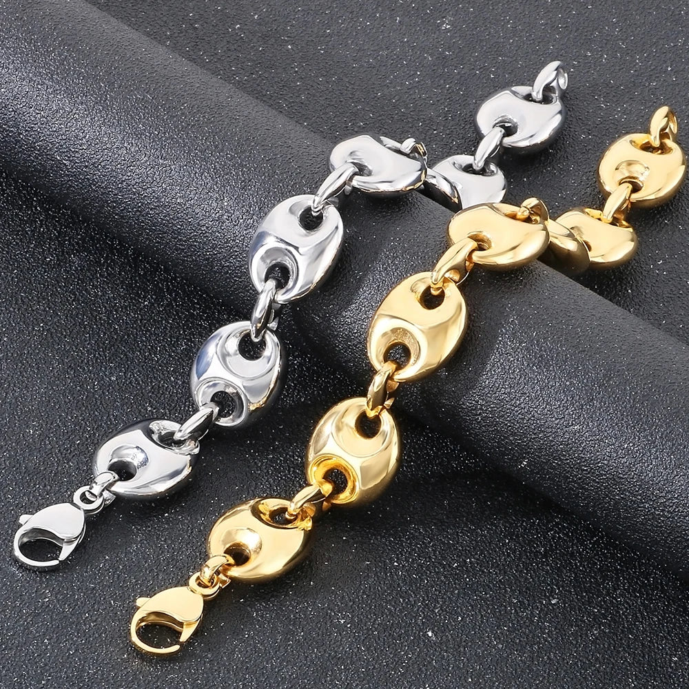 Luxury Gold Color Man Bracelets for Men 316L Stainless Steel 19MM Width Coffee Bean Style Chain Men's Bracelets