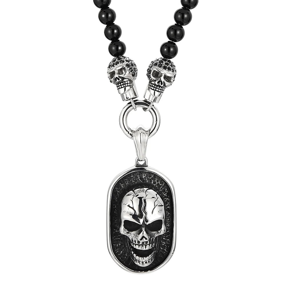 Men's Steampunk CZ Skull Face Head Pendant Necklace For Man 8MM Width 50CM Long Agate Stone Beads Chain Stainless Steel