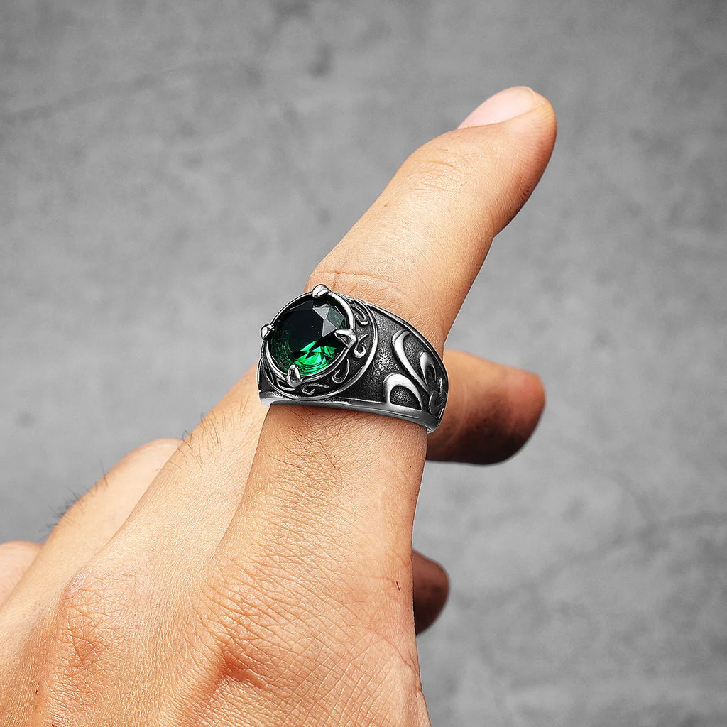 Gemstone Carved Ring — Stainless Steel