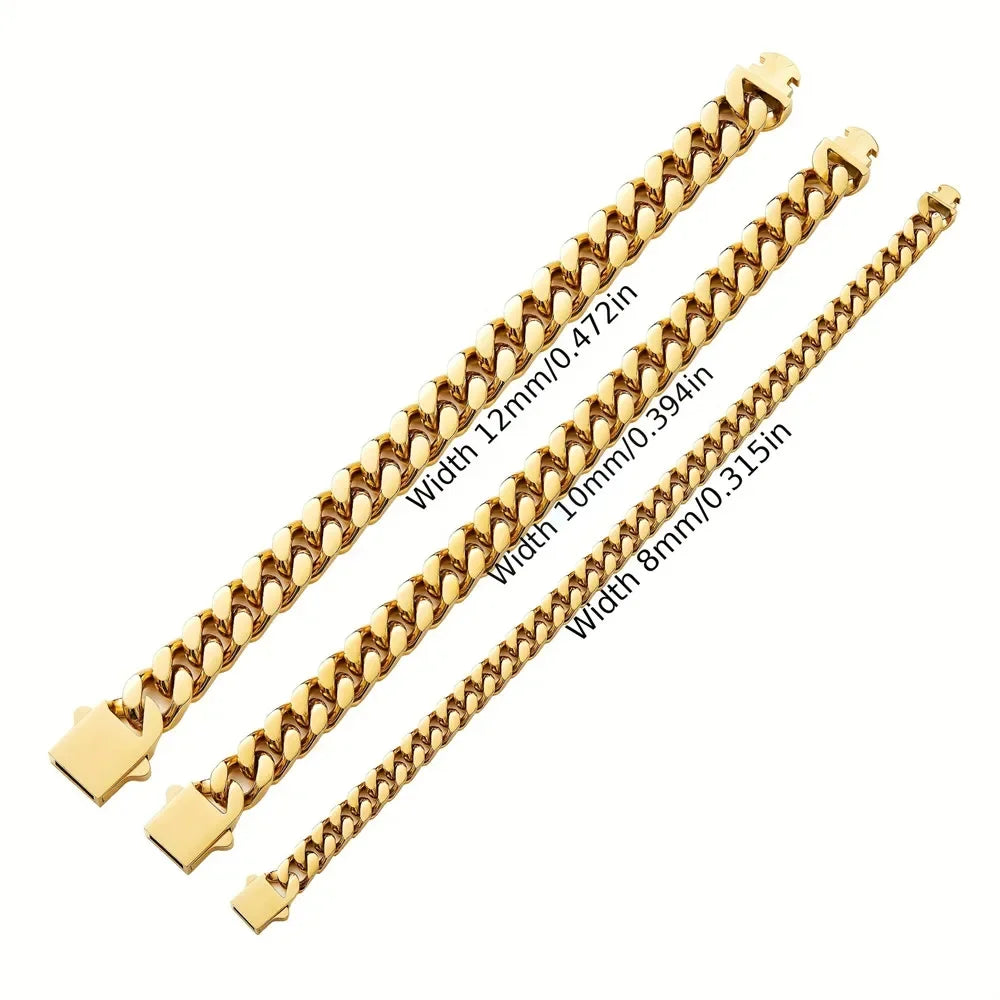 316 Stainless Steel Plated 18k Gold Fashion 8.10.12mm Encrypted Cuban Chain Miami Rap Hip Hop Men's Bracelet Accessory