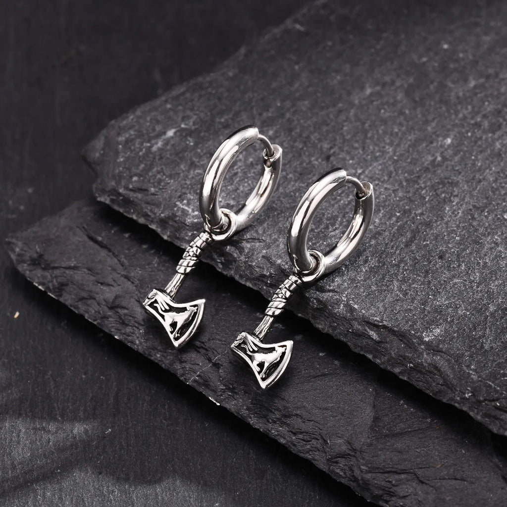 Viking Wolf Axe Hoop Earrings — Stainless Steel