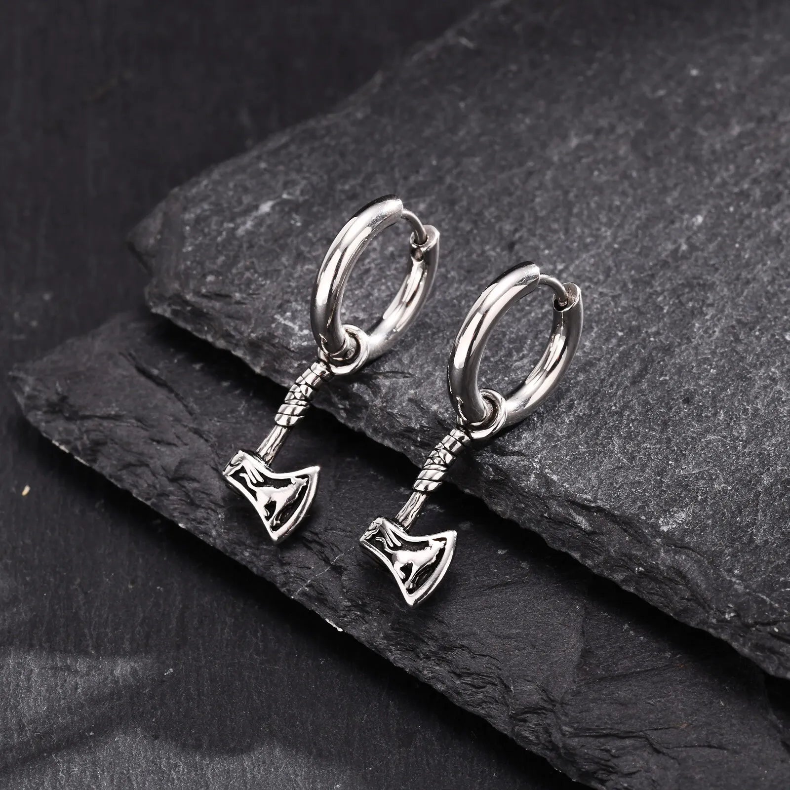 Viking Wolf Axe Hoop Earrings — Stainless Steel