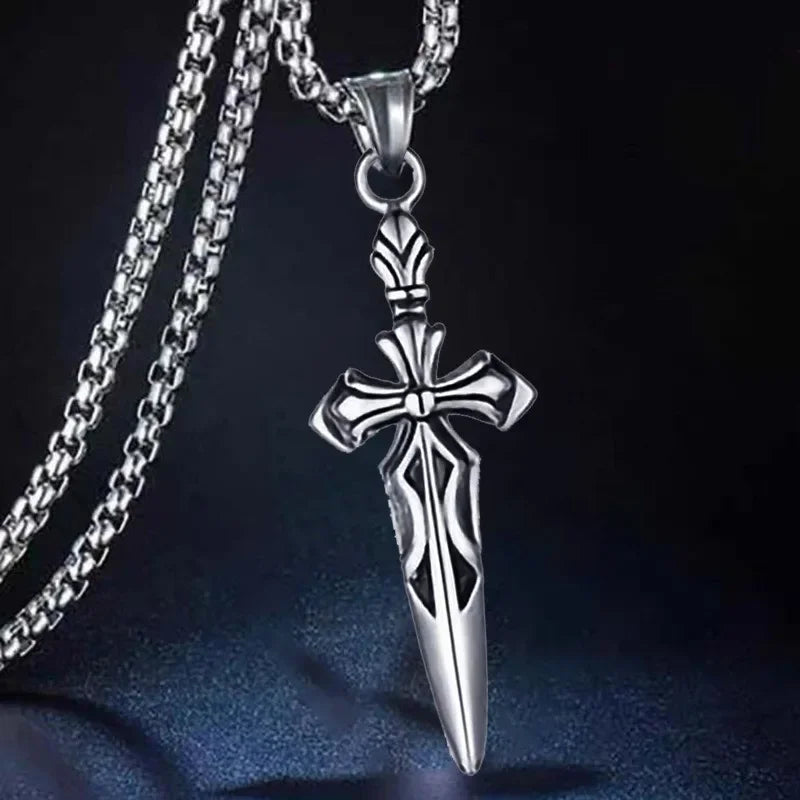 Titanium Steel Crusader Cross Necklace, Black Coated Sword Pendant, Adjustable 60cm Chain, Gothic Gift for Men Women
