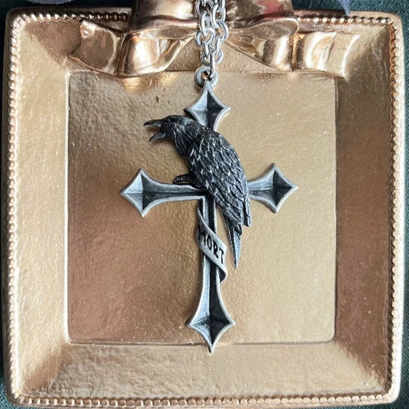 Gothic Crow Cross 925 Silver Pendant Necklace