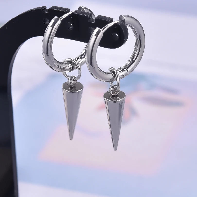 Spike Cone Drop Huggie Hoop Earrings for Men — Stainless Steel