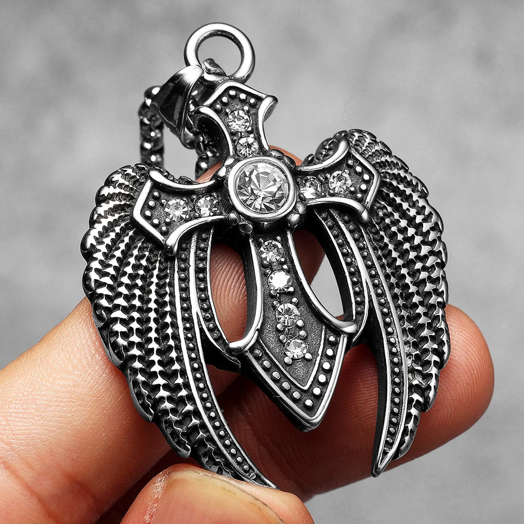 Angel Wing Cross Pendant — Stainless Steel