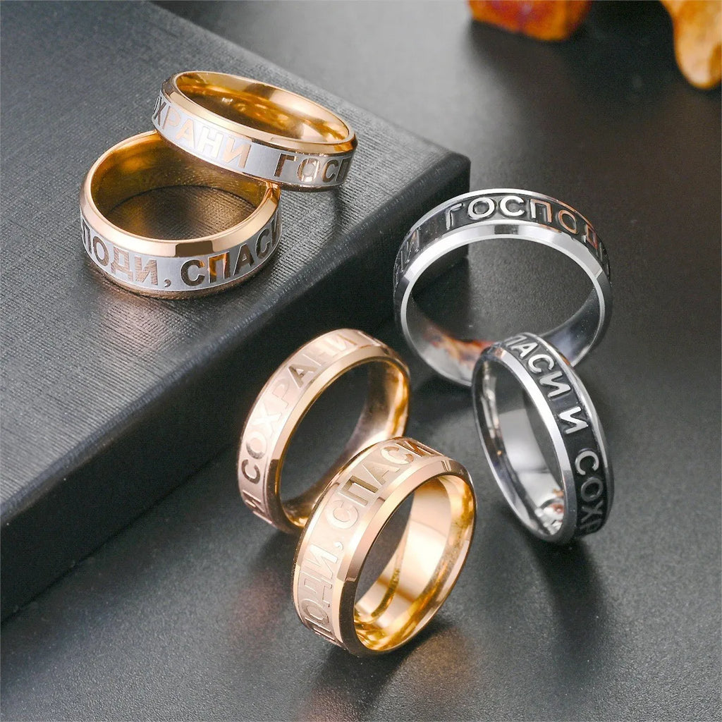Orthodox Russian Christian Ring for Men Women 316L Stainless Steel Prayer Bands Religious Inscription Vintage Jewelry