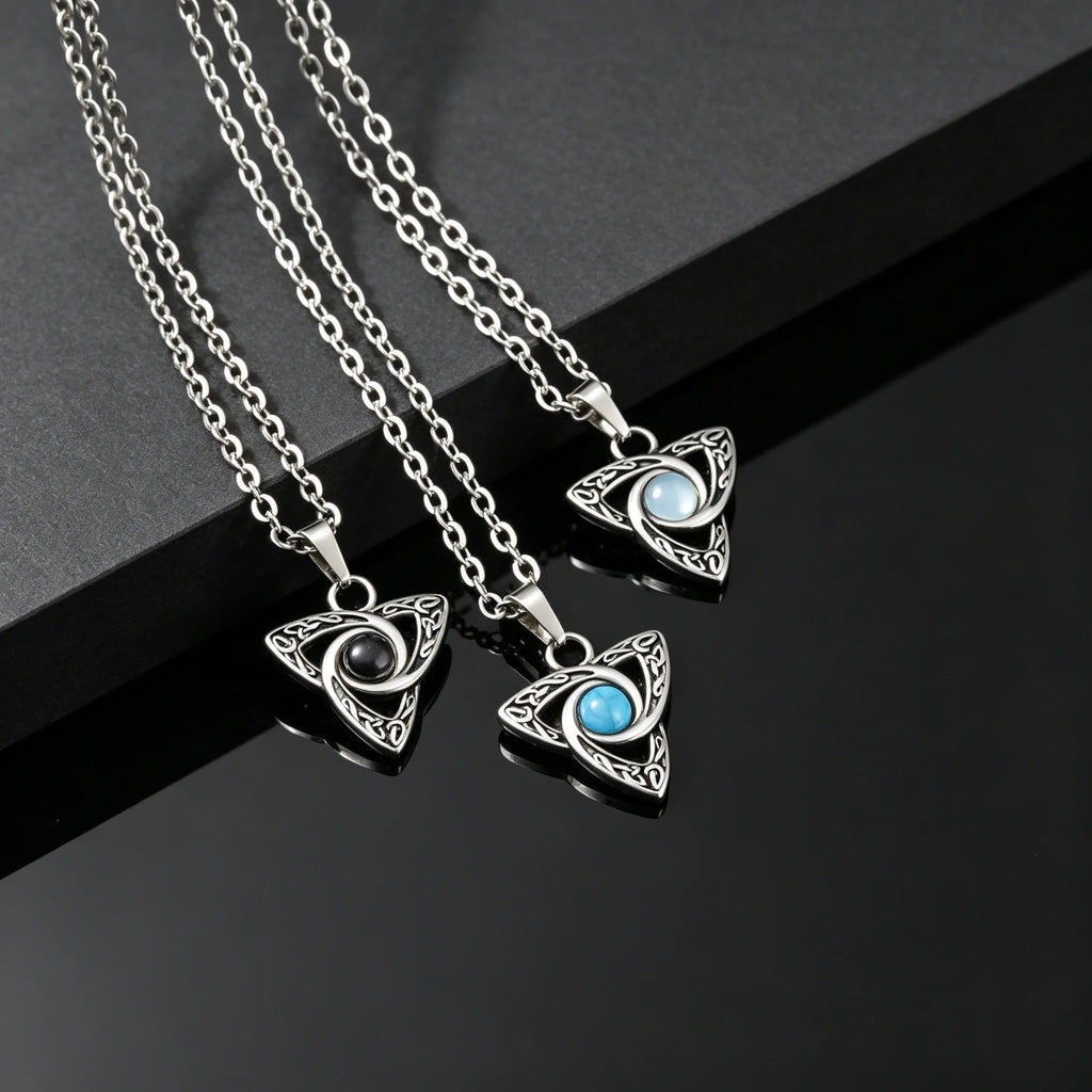 Vintage Celtic Knot Pendant Inlaid Black Opal Turquoise Necklace for Men, Retro Fashion Natural Stone Stainless Steel Jewelry