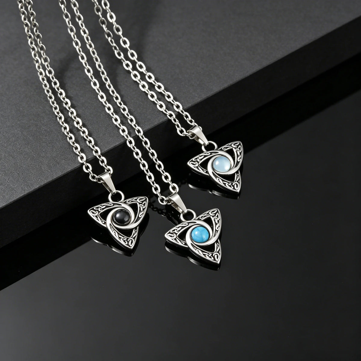 Vintage Celtic Knot Pendant Inlaid Black Opal Turquoise Necklace for Men, Retro Fashion Natural Stone Stainless Steel Jewelry