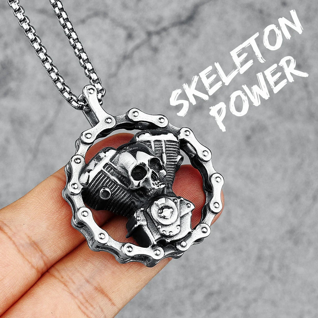 Retro Skull Engine Necklace Chain Machine 316L Stainless Steel Men Skeleton Pendant Rock Punk for Male Biker Rider