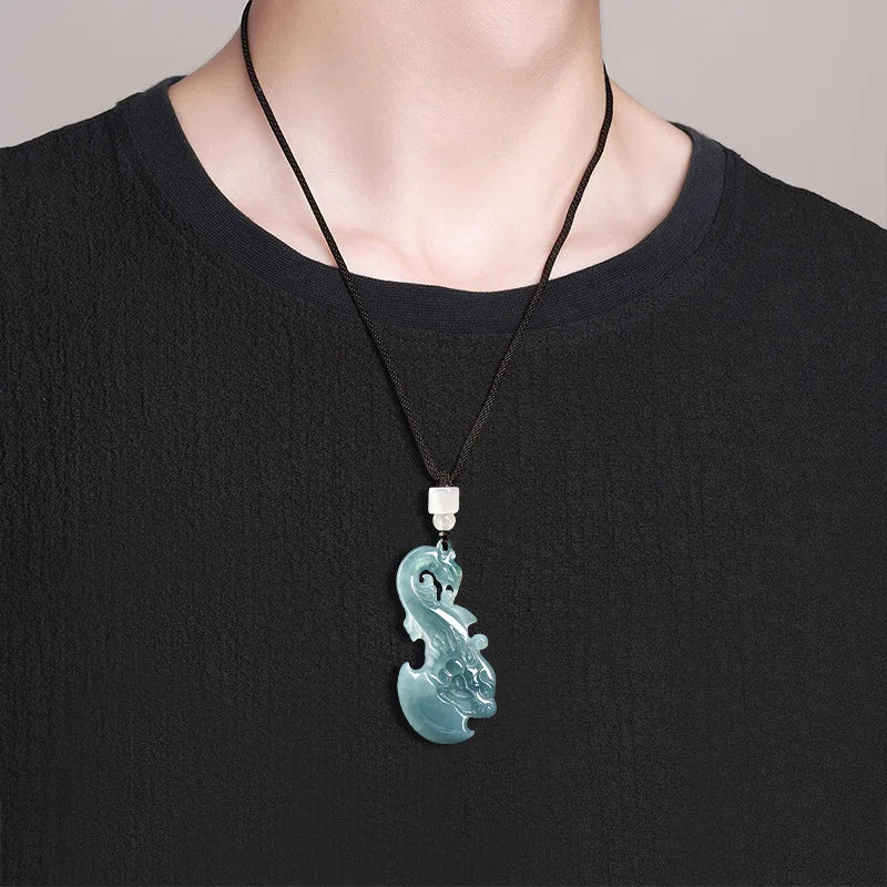 Natural Emerald Blue Water Dragon Phoenix Ax , Ice , Pendant for Men and Women, Jade Ornament
