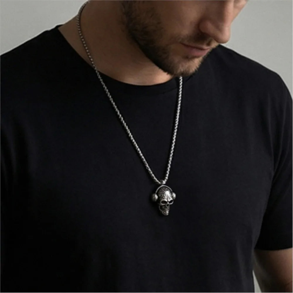 Headphone Skull Pendant Necklace — Stainless Steel