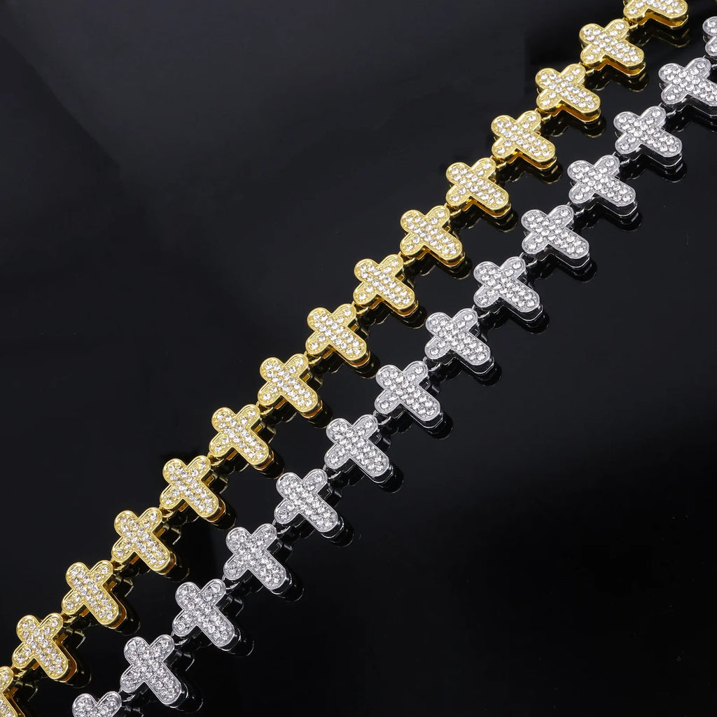 ZAKOL 20/50CM Iced Out Buling Rhinestone CZ Cross Tennis Chain Bracelet Necklace Set Women Men Fashion Hip-hop Rock Jewels