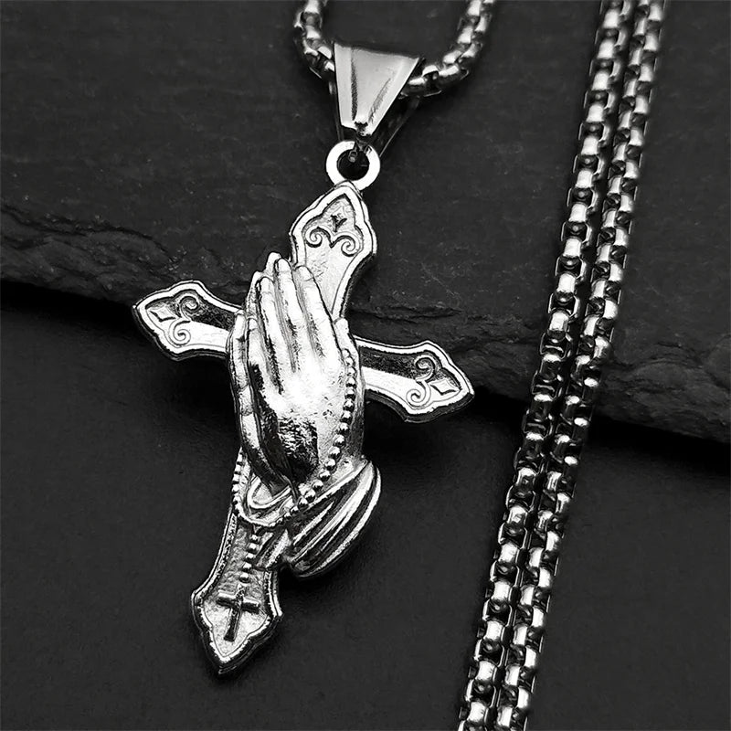 Praying Hands Cross Pendant Necklace — Gold