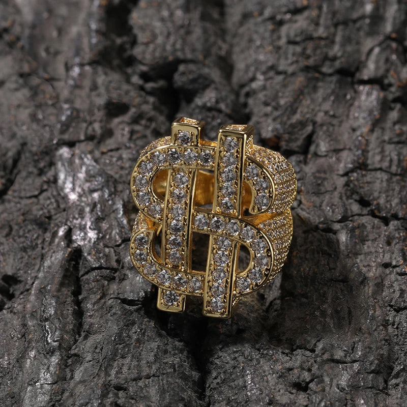 Iced Out Dollar Sign Ring for Men — Two-Tone CZ Pave