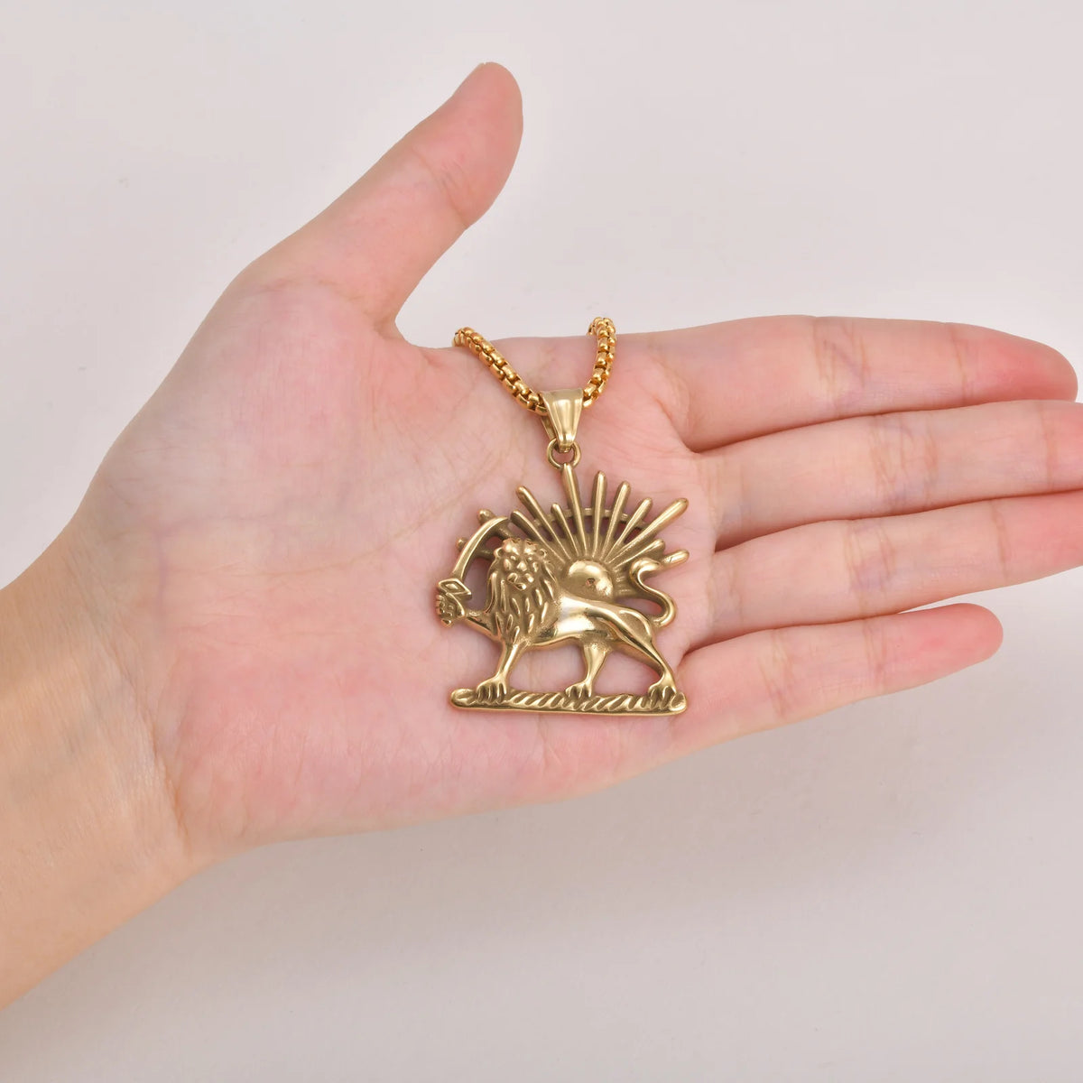 Lion Sun Pendant Necklace for Men Him, Stainless Steel Gold Silver Color Box Chain, Streetwear Daily Jewelry Gift