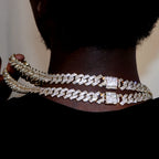 Hip Hop 14MM Prong Cuban Link Chain Necklace & Bracelet Iced Out Bling Cuban Chain Rhinestone Chains For Men Punk