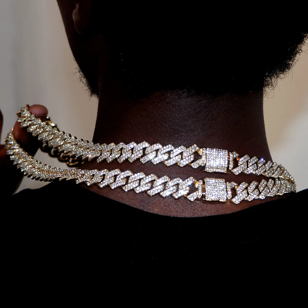 Hip Hop 14MM Prong Cuban Link Chain Necklace & Bracelet Iced Out Bling Cuban Chain Rhinestone Chains For Men Punk