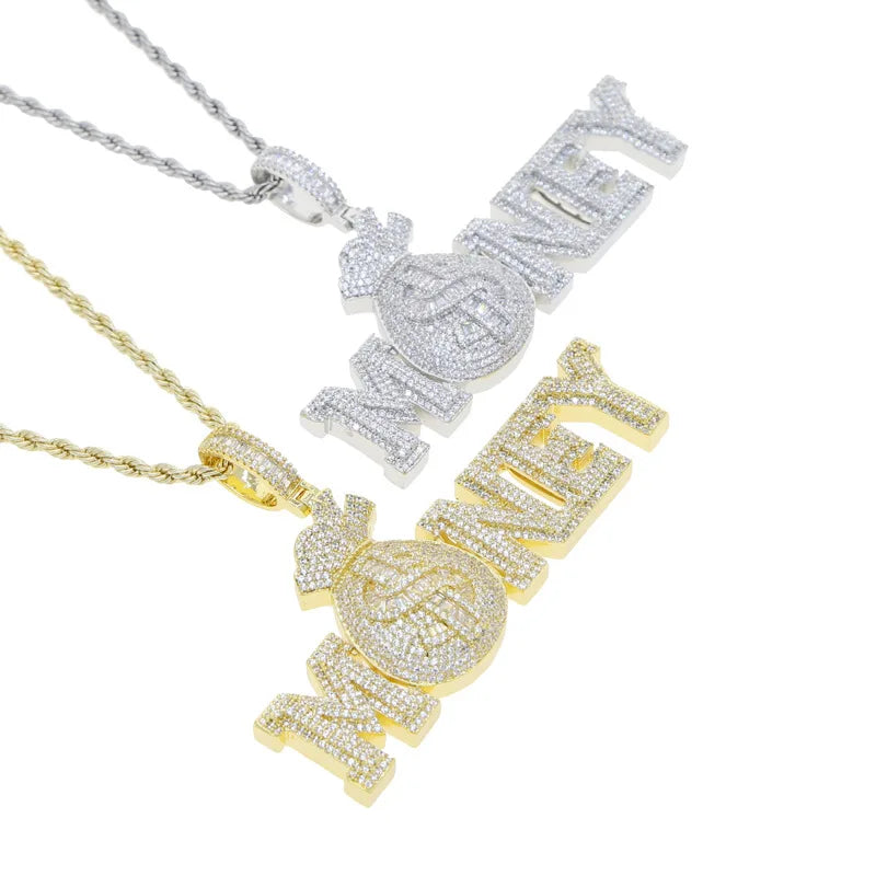 Iced Out Money Bag Pendant Necklace — CZ Pave, Gold-Tone, 60cm