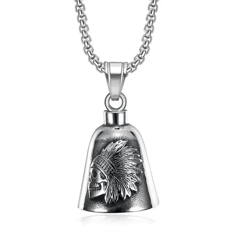 Pirate Skull Moto Bell Pendant Necklace — Gothic Motorcycle Rider