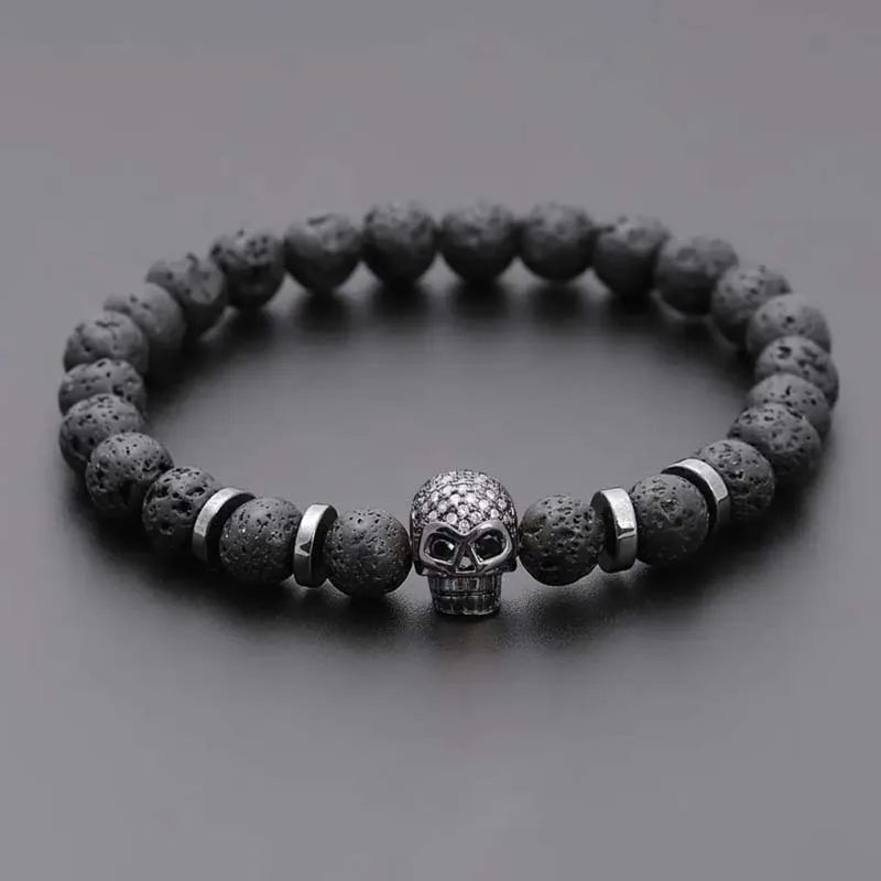 Hot sale natural stone volcanic rock beaded bracelet micro inlaid zircon skull personality copper accessories jewelry
