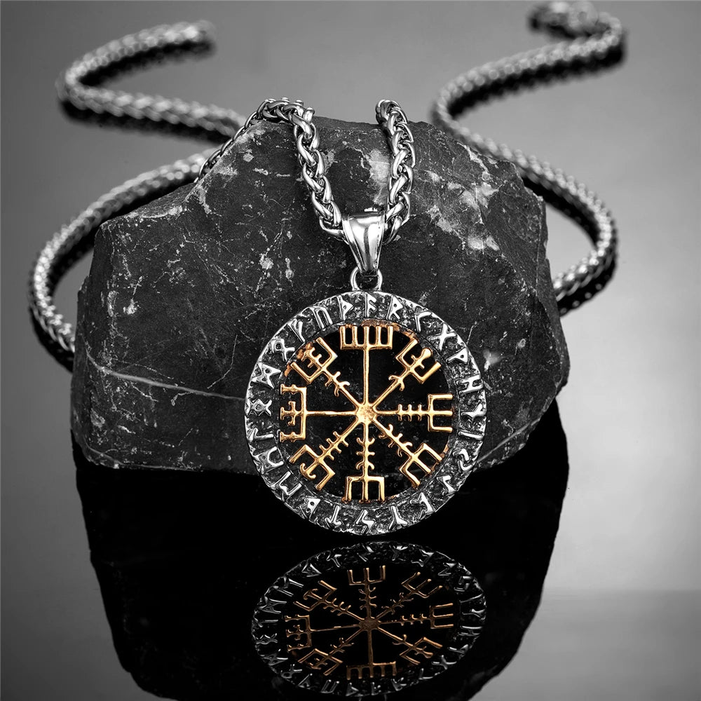 Viking Compass Norse Runes Necklace Men Gold Color Stainless Steel Vegvisir Pendant Never Fade Vintage Male