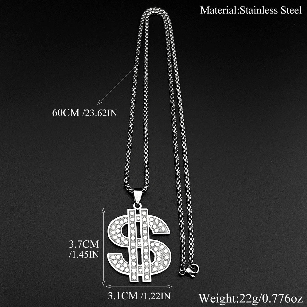 Hip Hop Dollar Money Symbol Necklace Stainless Steel Gold Silver color Rhinestone Pendant Rap Streetwear Chain Jewelry