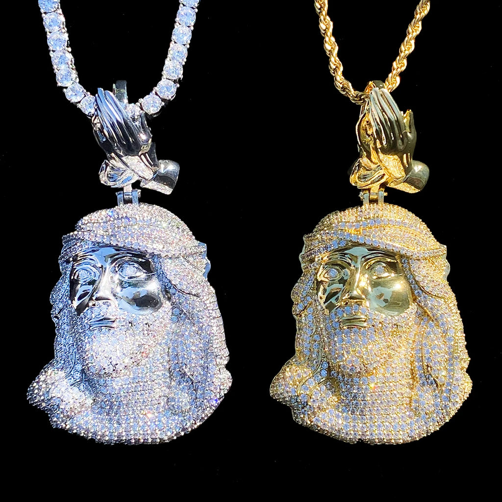 Aokaishen Iced Out Jesus Prayer Necklace Pendant for Men 5A Cubic Zirconia Gold Plated Hip Hop Jewelry