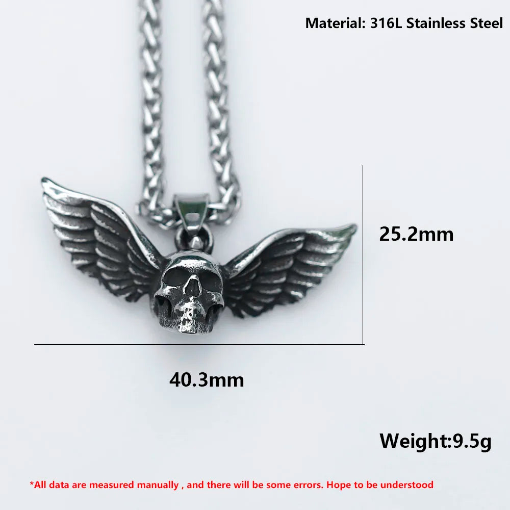 NEW Men's 316L stainless-steel Vintage Angel wing skull Rock Pendant Necklace for teens punk Jewelry free shipping