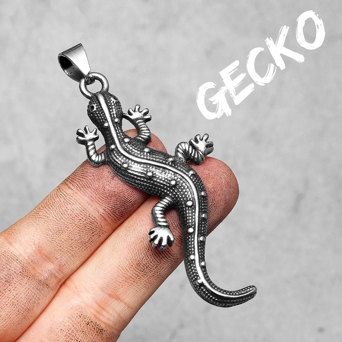 Studded Gecko Pendant Necklace — Stainless Steel