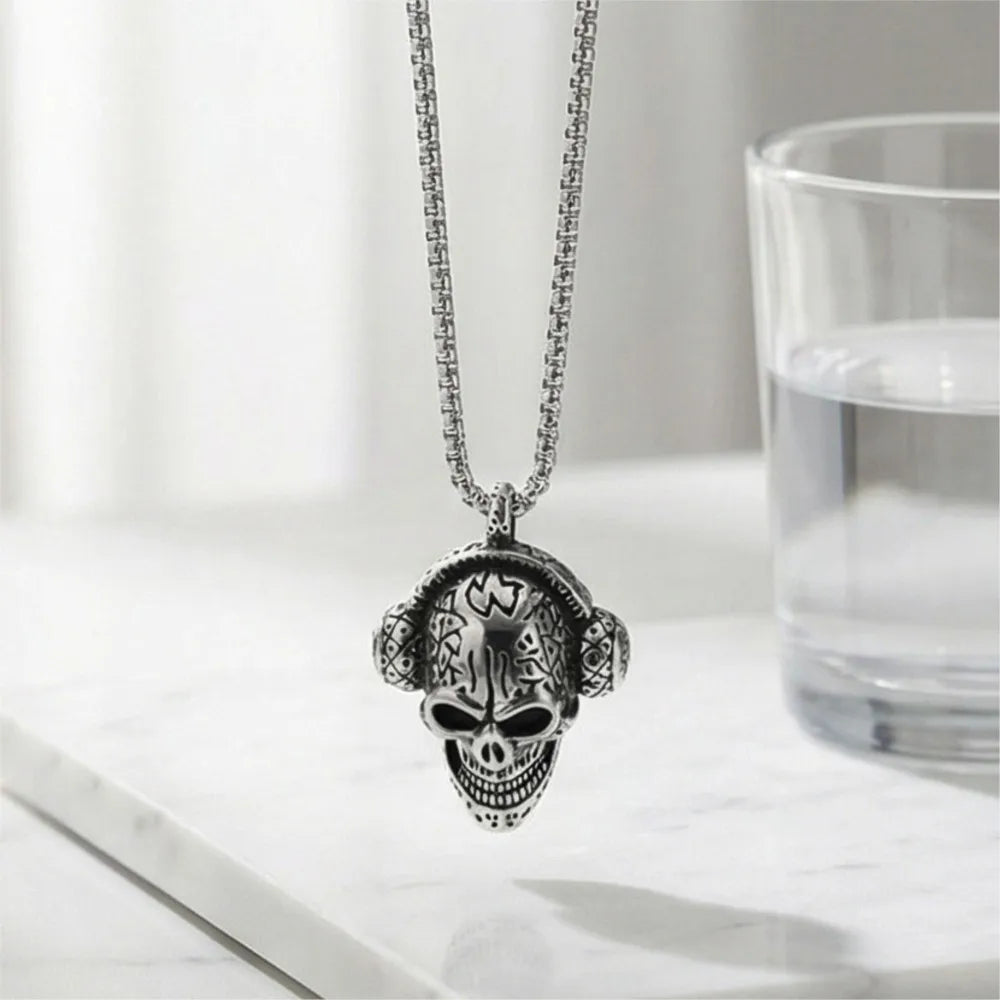 Skull Headphone Pendant Necklace Stainless Steel