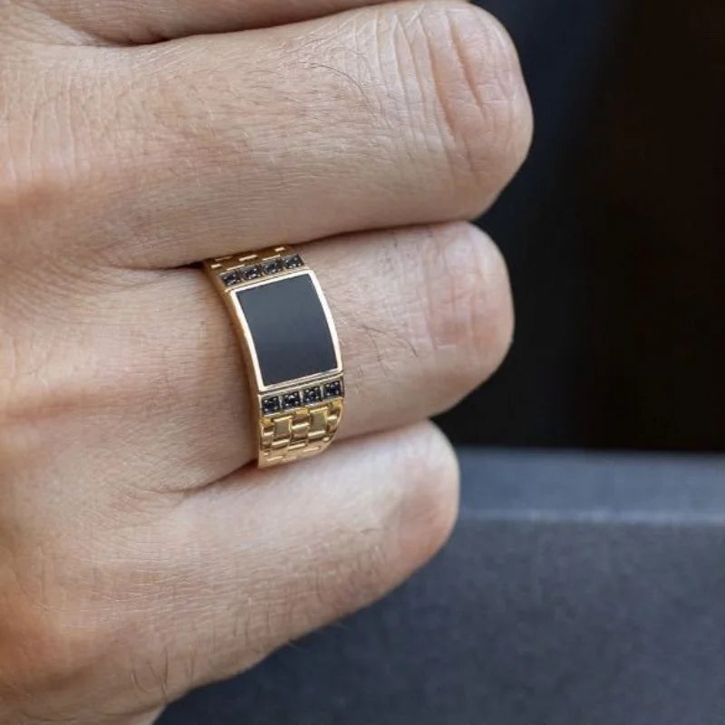 Gold Plated Stainless Steel Rings For Men Creative Gold Drip Oil Black Diamond Ring Jewelry Accessories Wholesale Size 7-13