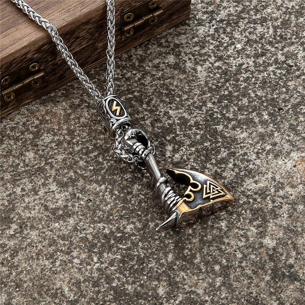 Never Fade Norse Runes Vikings Ax Necklaces Men Stainless Steel Self-defense Hatchet Pendant Valknut Amulet