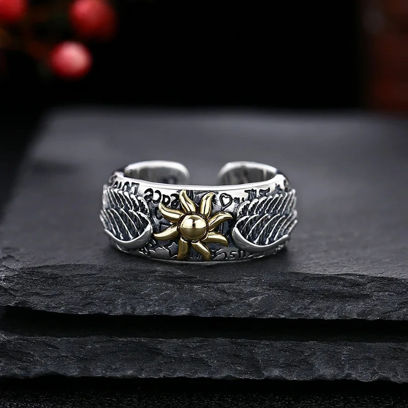 Retro Sun Wings Graffiti Ring for Men — Adjustable, Silver-Tone