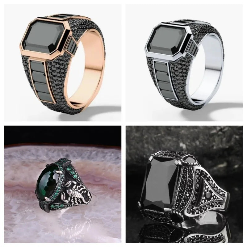 Vintage Black Stone Four-Prong Ring for Men — Two-Tone