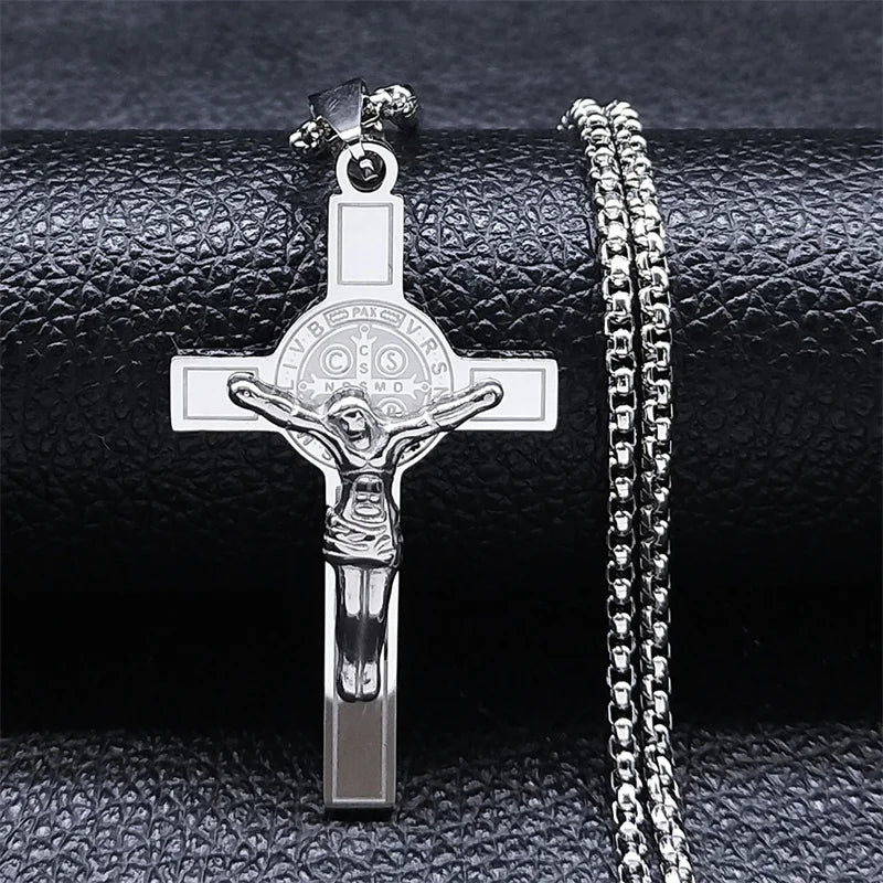 Saint Benedict Jesus Crucifix Chain Necklace — Stainless Steel