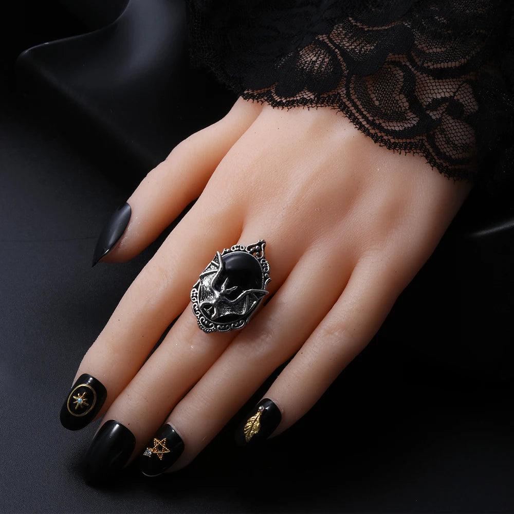 Gothic Vampire Bat Ring Crystal Ring Gothic Witch Ring Victorian Pagan Jewelry Gift For Bat Lovers Adjustable Bat Cameo Rings