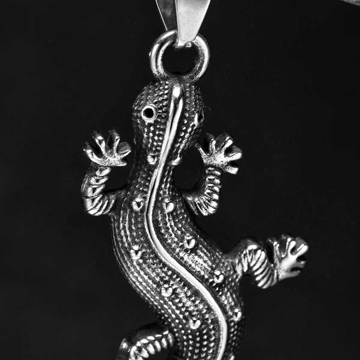 Studded Gecko Pendant Necklace — Stainless Steel