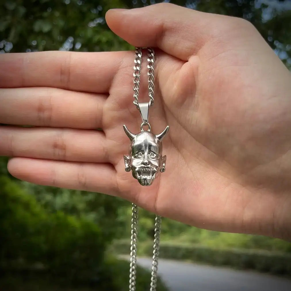 Japanese Hannya Mask Pendant Necklace — Stainless Steel