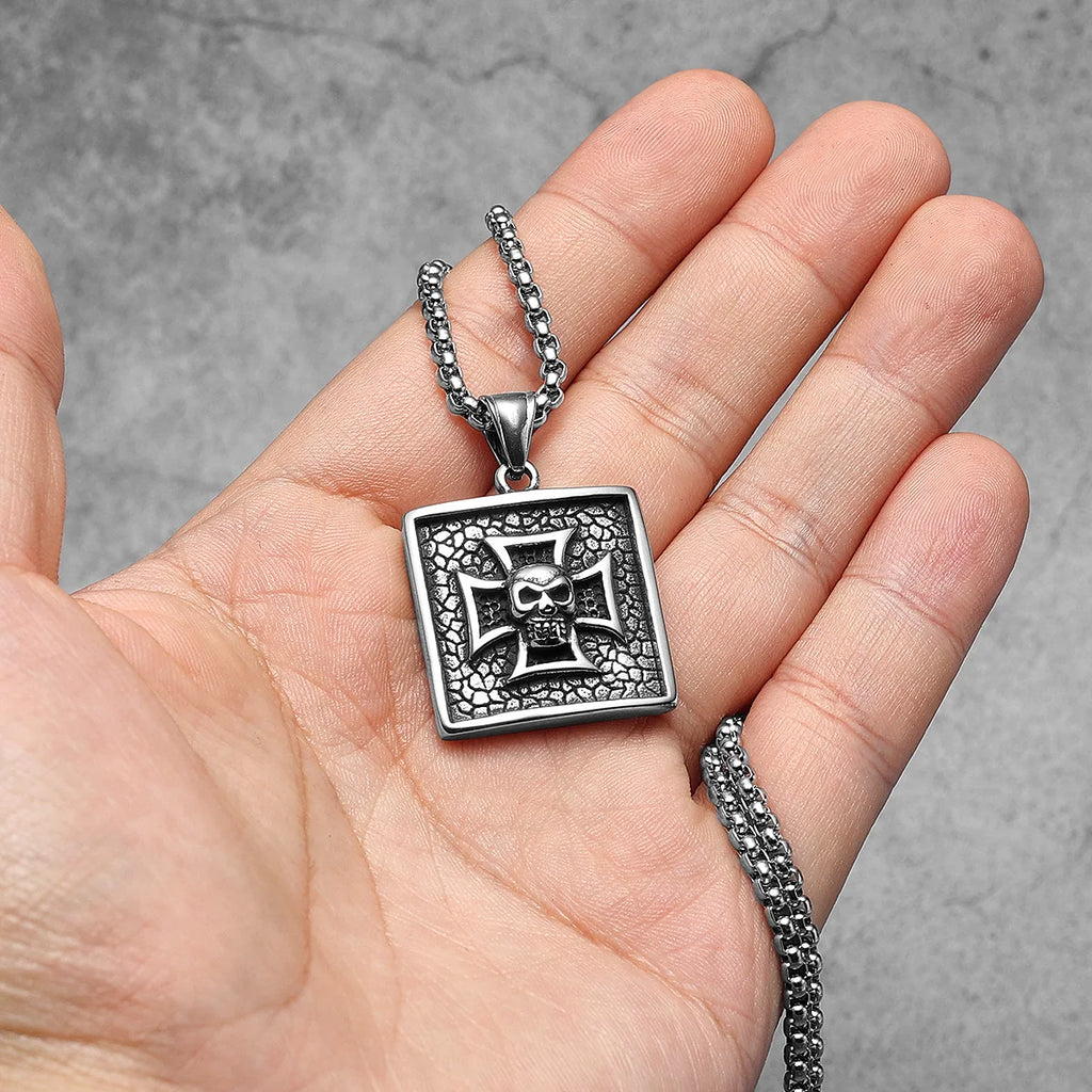 Cross Skull Badge Pendant Necklace Stainless Steel