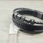 Men's Stainless Steel Luxury Magnetic Buckle Braided Multi-layer Leather Cylinder Hexagonal Bead Bracelet Men's Jewelry