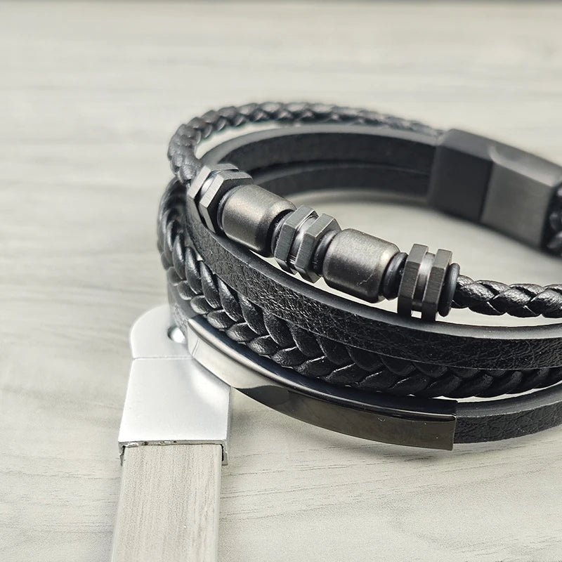 Men's Stainless Steel Luxury Magnetic Buckle Braided Multi-layer Leather Cylinder Hexagonal Bead Bracelet Men's Jewelry
