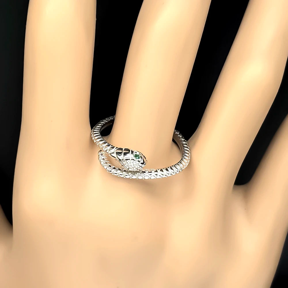 Snake Silver Ring Sterling Green Zircons Eye Matte