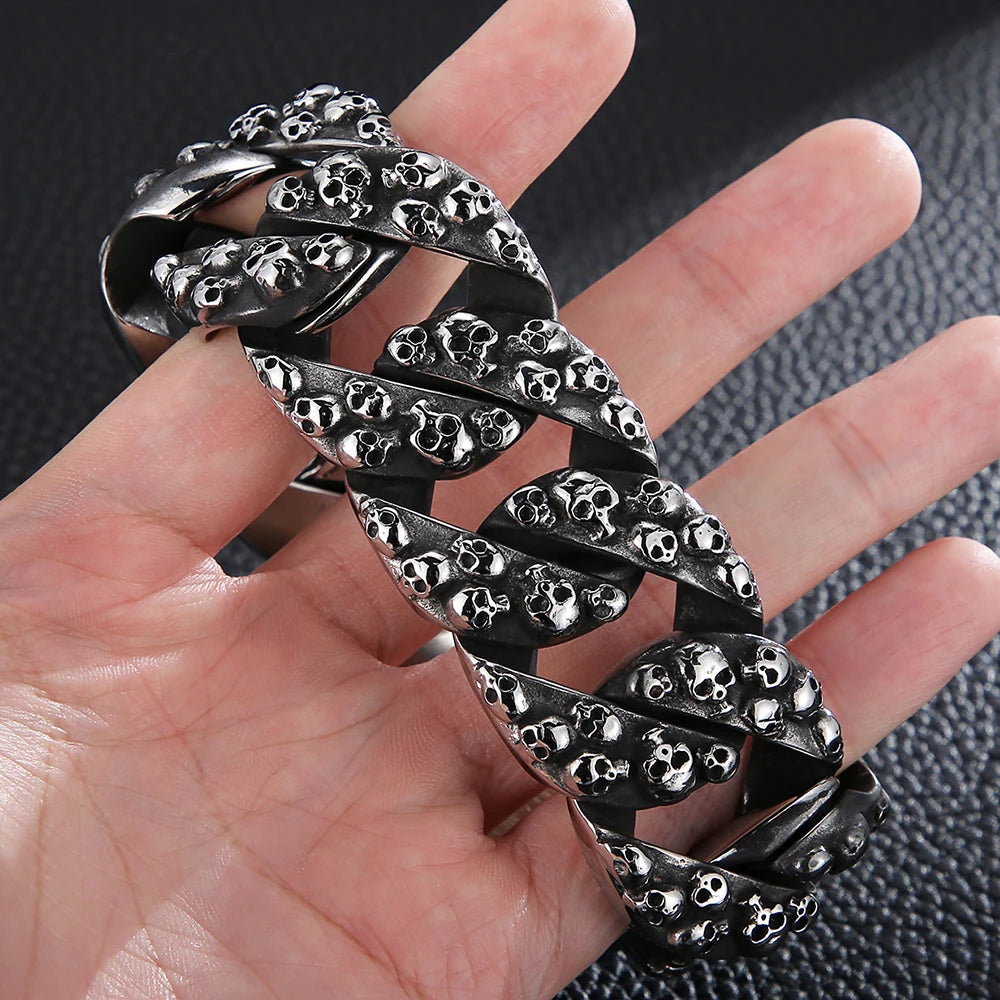 Punk Rock Man Bracelet Stainless Steel Wide Skull Head Link Chain Bracelets for Men Gothic Men's Bikers' Jewelry