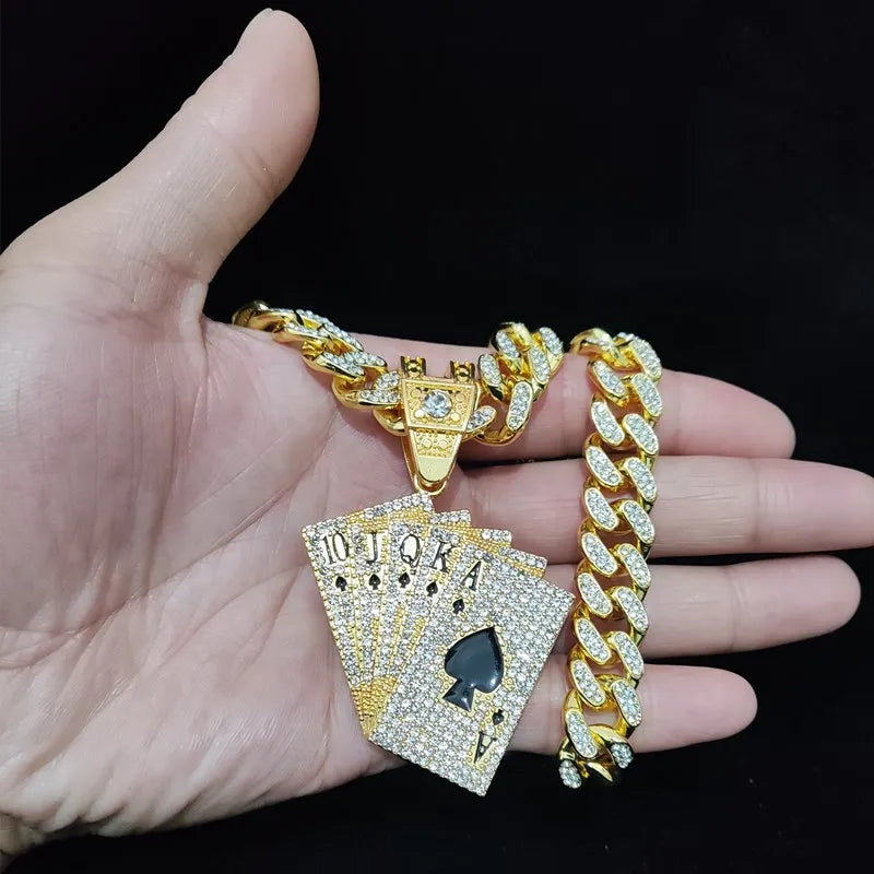 Men Women Hip Hop playing card Pendant Necklace With Crystal Cuban Chain HipHop Iced Out Bling Necklaces Fashion Charm