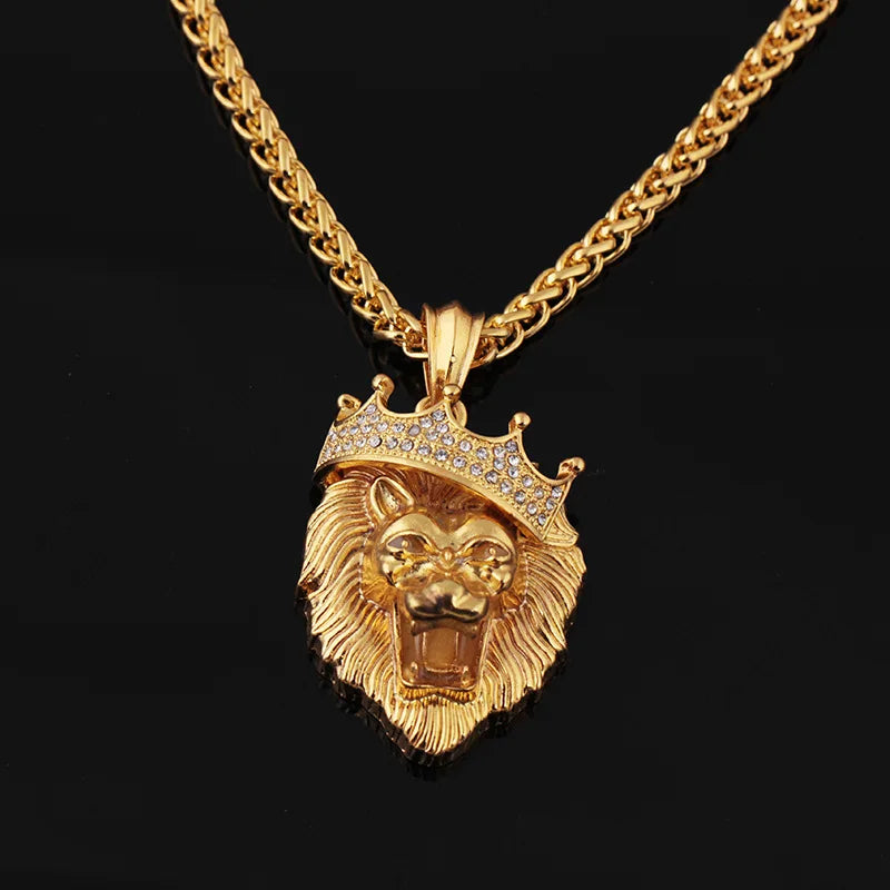 The Lion Head Alloy Men's Necklace Personality Crown Lion Hip Hop Rock Pendant Punk Fashion Jewelry Accessories
