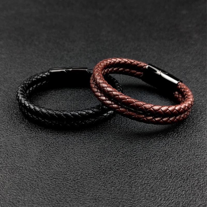 Double Leather Braided Charm Bracelet — Stainless Steel