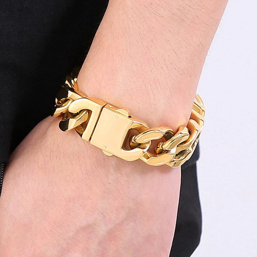Massive Black Chunky Curb Cuban Chain Bracelet for Man Polished Stainless Steel Durable Jewelry Gifts for Men Trendy