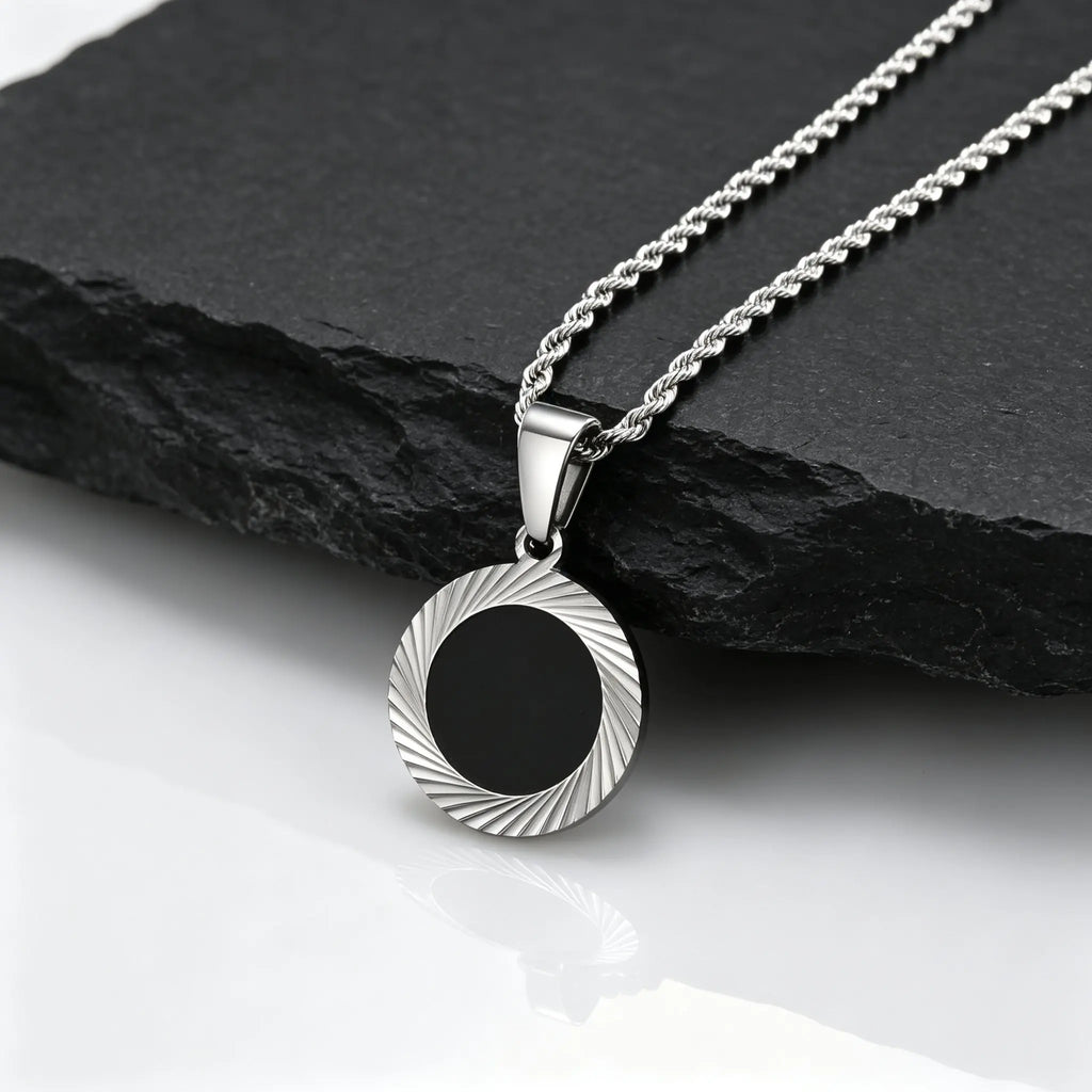 Punk Round Necklace for Men Boys,Embossing Radiation Sunburst Stainless Steel Necklace,Birthday Father Jewelry Gift